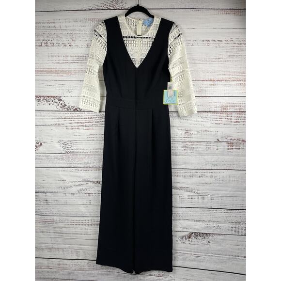 CeCe Jumpsuit Womens 2 Black White Lace Overlay Wide Leg Dillard’s Exclusive New - Picture 2 of 11
